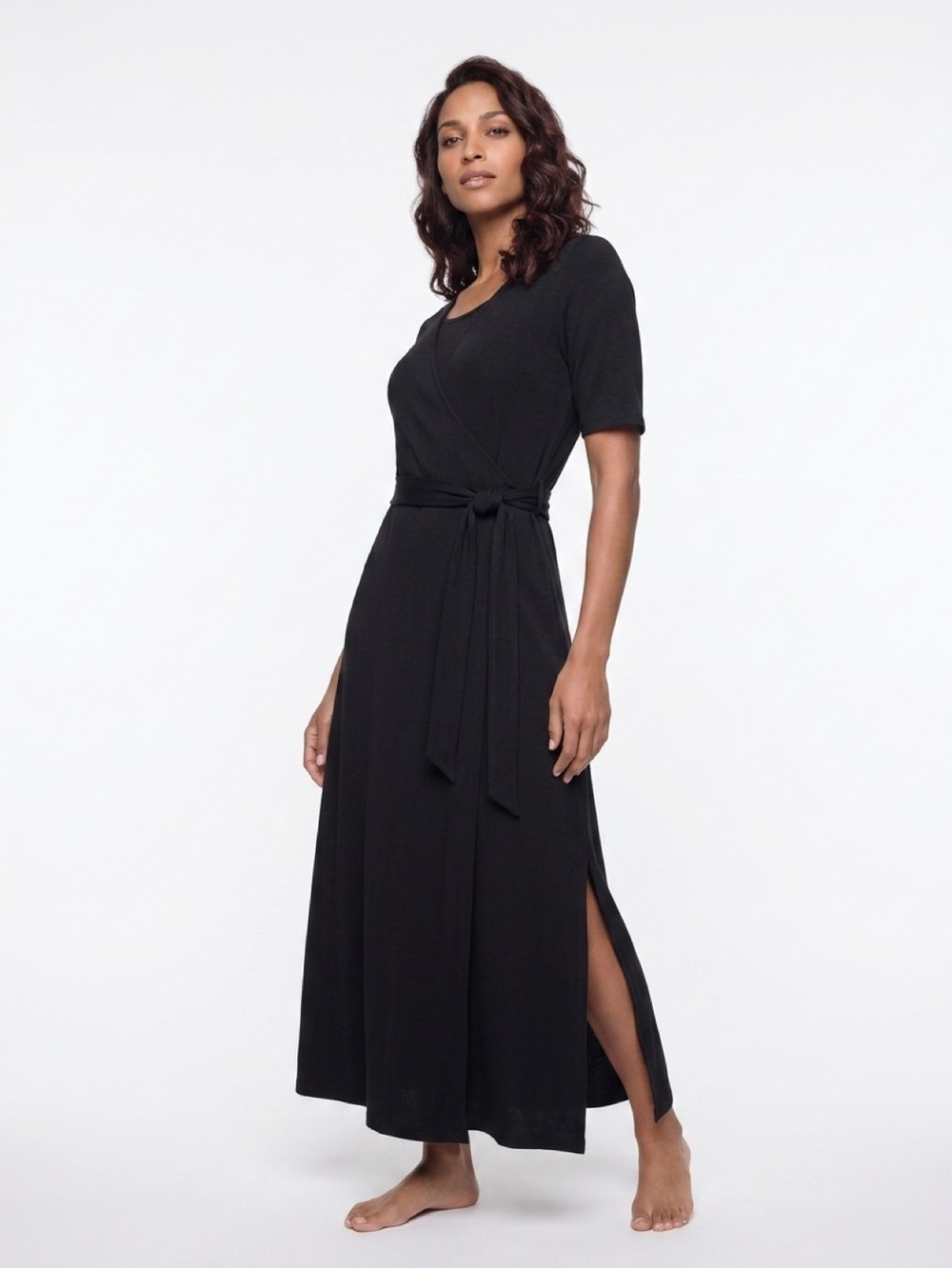 Classic Black Short-Sleeve Slip Midi Dress
